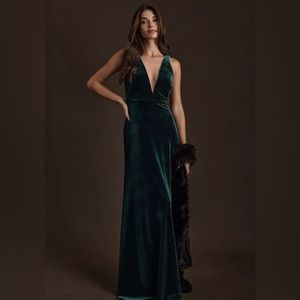 BHLDN & Jenny Yoo Velvet Logan Maxi Dress in Dark Emerald. Worn once.